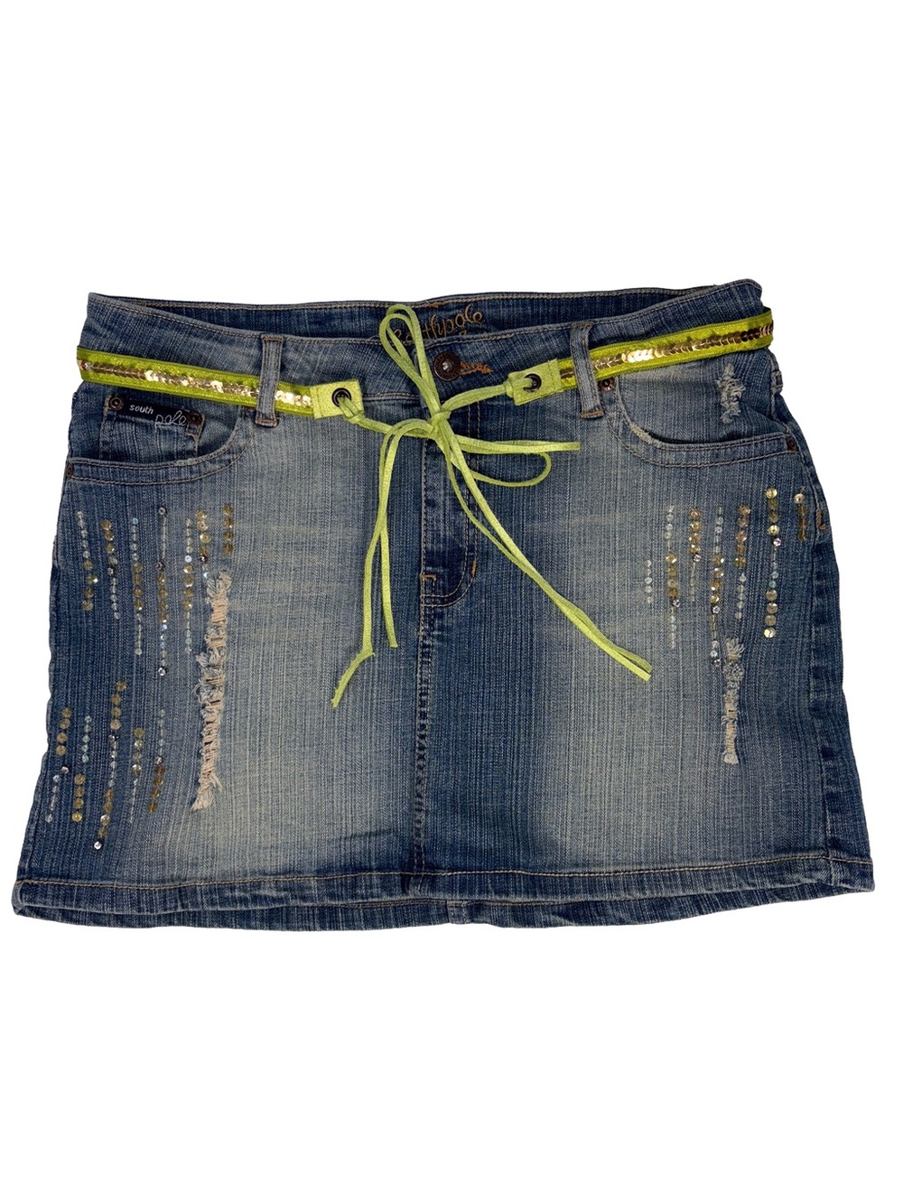 Vintage Y2K Southpole Jeans Sequin Distressed Denim Mini Skirt Size 13